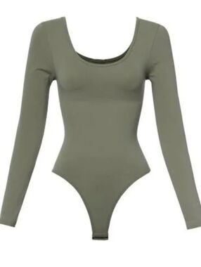 Boutique Scoop Neck Long Sleeve Green Olive Bodysuit Dynamic OS One Size